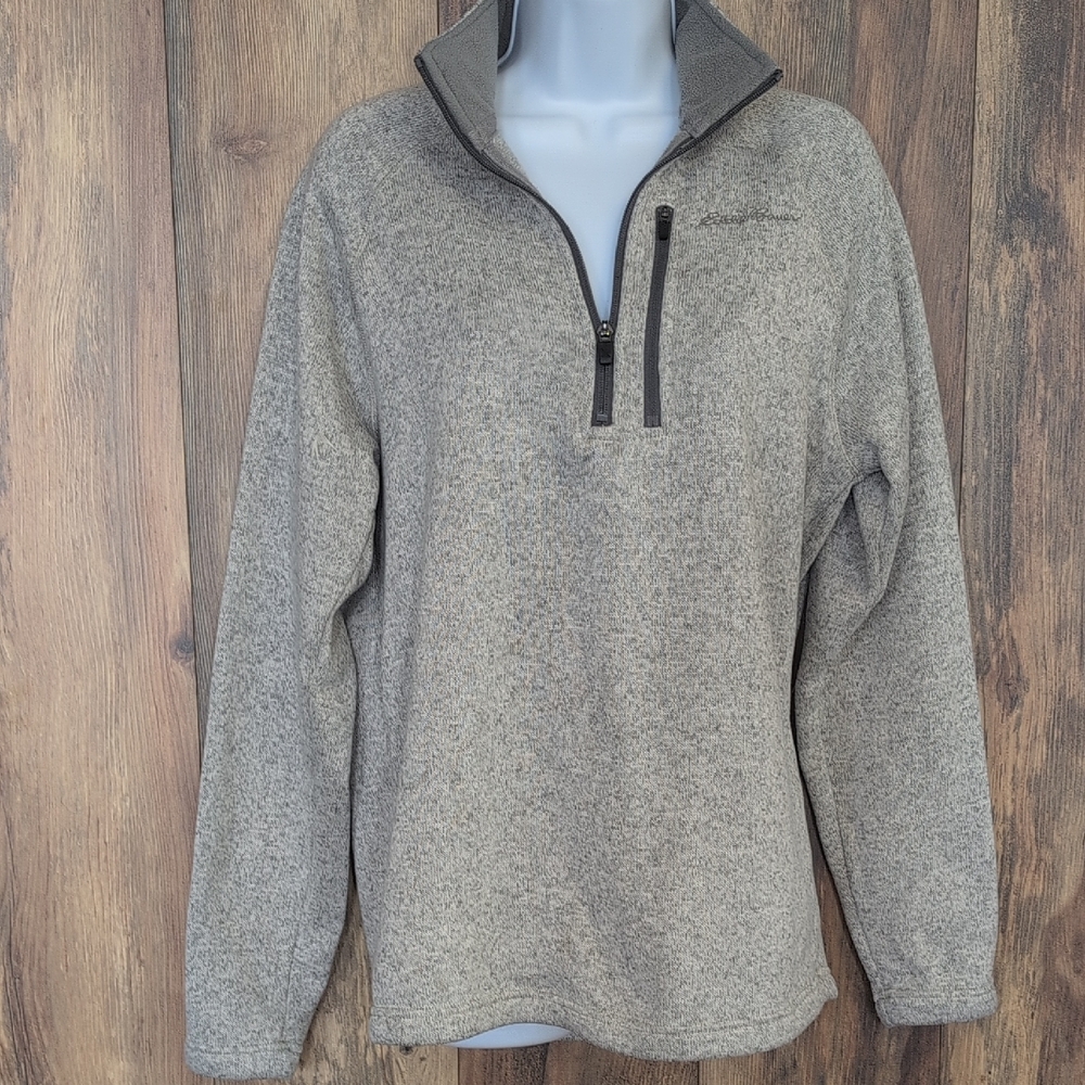 Eddie Bauer Herringbone Gray Bonded Knit 1/4 Zip Pullover Jacket M         V221